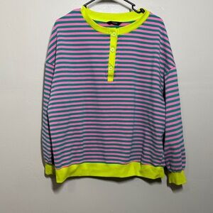 XOXO Neon Yellow Trim Pink and Teal Striped Long Sleeve Top